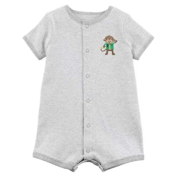 Carters Infant Boys Gray Striped Monkey Shortie Romper Baby Bodysuit Outfit - Picture 3 of 9